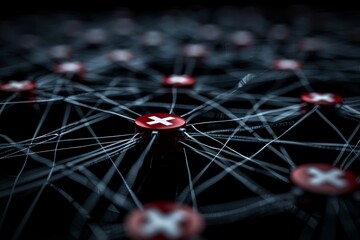 Red cylindrical nodes with symbols create a complex network in a dark, abstract environment. Thin lines connect nodes, evoking mystery and connectivity.
