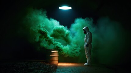 Fototapeta premium A person in a full hazmat suit stands under a spotlight near a barrel emitting thick green smoke in a dark industrial setting. Environmental pollution