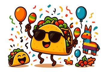 Cartoon taco character with balloons and confetti celebrating birthday party in festive style