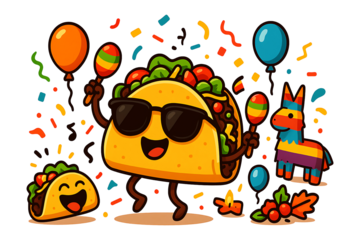 Cartoon taco character with balloons and confetti celebrating birthday party in festive style