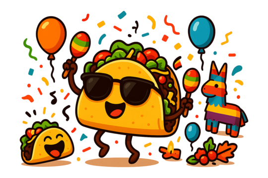 Cartoon taco character with balloons and confetti celebrating birthday party in festive style