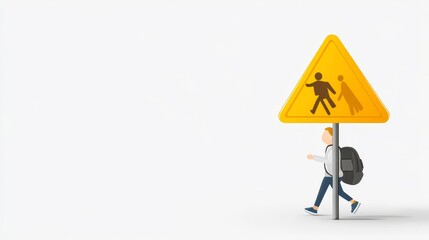 Caution Sign for Children Crossing with Backpack and Adult Figure