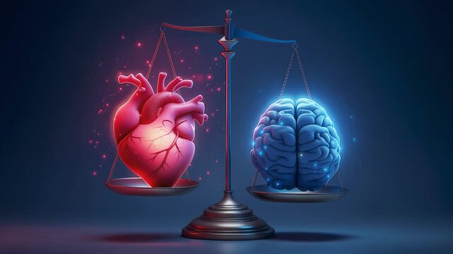 Heart and brain balanced on justice scale symbolizing emotion and logic
