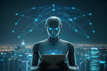 Futuristic Robot with Tablet in a High Tech Cityscape Artificial Intelligence and Connectivity Concept