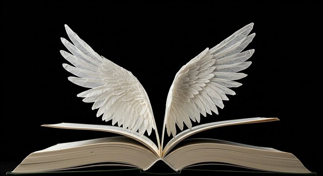 Open book with angel wings, symbolizing the power of imagination and the ability of stories to transport us to magical and fantastical worlds