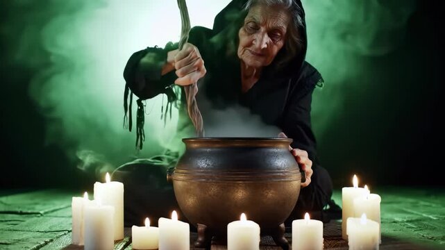 An old witch brews a potion in a cauldron surrounded by candles and green smoke, concept for Halloween celebration, horror theme and fantasy storytelling