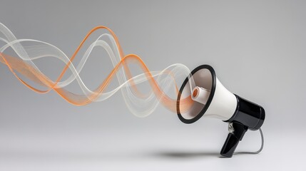 A megaphone emits abstract sound waves against a clean grey background