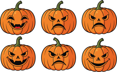 Halloween pumpkin faces, funny and scary jack-o'-lantern expressions, cartoon pumpkins, spooky holiday decoration, festive autumn clipart for design projects.