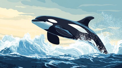 Fototapeta premium Orca leaping out of ocean waves