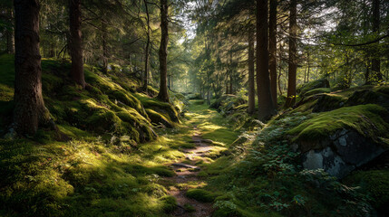 Fototapeta premium Sunlit forest path in Sweden with mossy ground