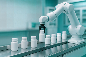 Robotic Arm Handling White Pill Bottles on Pharmaceutical Packaging Line – Cleanroom Automation, Industry 4.0 Manufacturing, Quality Control, No People