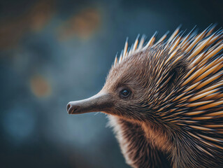 Fototapeta premium Close-up of a spiky echidna showcasing its unique quills and facial features against a blurred natural background, highlighting the beauty of wildlife in its habitat