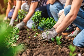 Multiple adults collaborate in a sunny garden, focused on planting shrubs. Mixed ethnicities create a peaceful atmosphere outdoors.