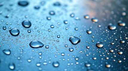 Raindrops collect on a smooth surface, shimmering as soft dawn light illuminates them