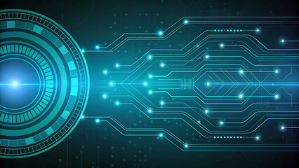 Obraz premium Futuristic Technology Background with Glowing Circuit Board Design and Digital Eye Interface for Cybersecurity Concepts and Advanced Technological Innovation