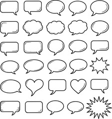 Obraz premium Hand drawn speech bubbles, comic chat balloon, doodle thought cloud, vector sketch set, empty dialog template, cartoon communication design elements