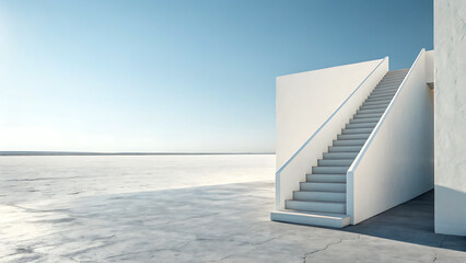 Obraz premium Modern white staircase ascends towards a vast bright sky over a stark expansive landscape