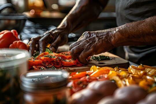 Elderly African American man focuses on slicing tomatoes and peppers in cozy kitchen. Warm atmosphere enhances intimate cooking experience.