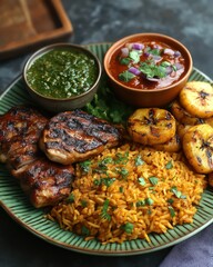 Nigerian jollof rice with fried plantains, grilled chicken, and spicy sauce