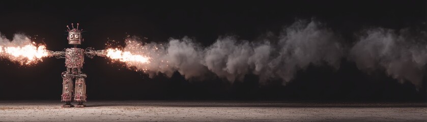 A robotic effigy ignited with smart flame projectors, showcasing advanced technology in a creative visual format for artistic or promotional use, Dussehra Day with AI integrated