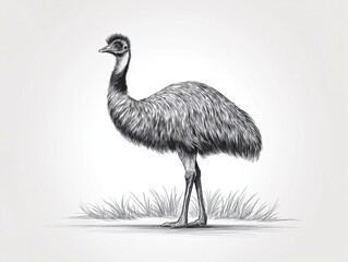 Obraz premium Detailed black and white illustration of an emu standing gracefully on a grassy surface, showcasing its unique feathers and posture in a natural setting