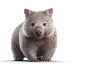 Obraz premium Cute and fluffy wombat standing on a white background, showcasing its round body and small ears, embodying the charm of Australian wildlife and nature conservation efforts