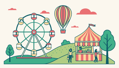 Fototapeta premium A vibrant amusement park with a ferris wheel, hot air balloons, and food stalls. Vector illustration