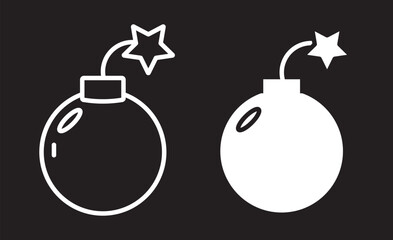 Vector illustration of a cartoon bomb with a lit fuse and star-shaped spark in black outline on a white
