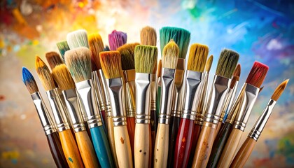 Fototapeta premium A collection of various colorful paintbrushes arranged tightly together, showcasing a vibrant array of hues against a blurred background of artistic textures.