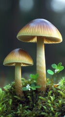 Two beautiful mushrooms rise from a lush green moss bed in a tranquil forest setting