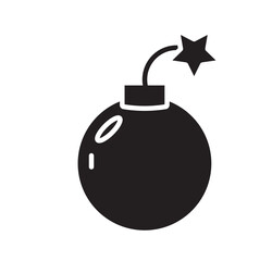 Vector illustration of a cartoon bomb with a lit fuse and star-shaped spark in black outline on a white
