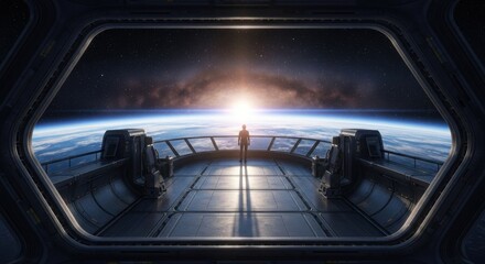 Astronaut Standing on Spacecraft Observation Deck Viewing Earth and Galaxy From Orbit