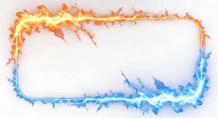 Fire and Ice Lightning Frame Border with Dynamic Energy, Isolated on Transparent Background