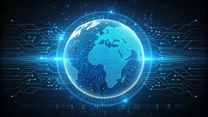 Obraz premium Global Network Connection with Digital World Earth and Futuristic Circuit Board Background Represents International Data Communication and Technology Innovation