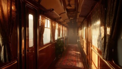Elegant vintage train carriage interior bathed in warm light evoking travel nostalgia - Powered by Adobe