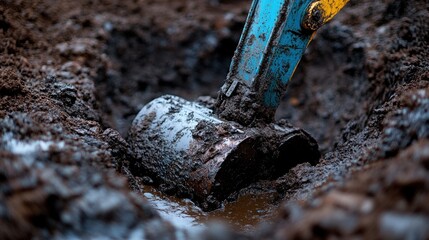 Heavy machinery digs deep into muddy soil at a construction site during overcast weather