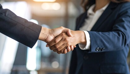 Two business professionals exchange a firm handshake, symbolizing a successful negotiation in a professional office setting.