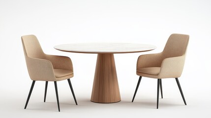 Modern Round Table with Stylish Cream Chairs on White Background