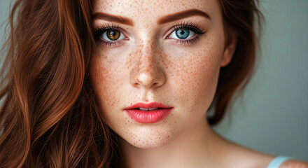 Close-up of a freckled face, red-haired and heterochromatic, a beautiful girl with one green eye and one blue eye.