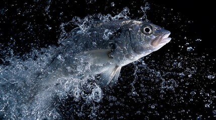 Fish Leaping Through Water Against Black Background High Speed Photography