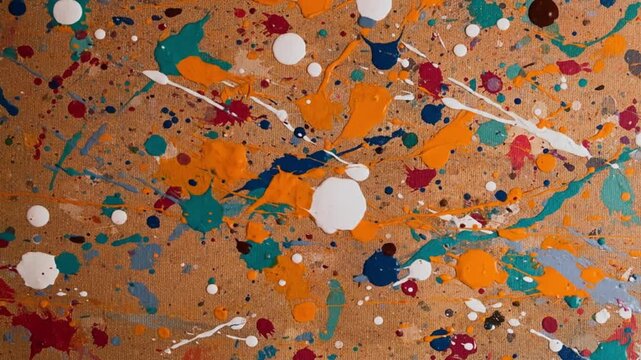 A canvas covered in splatters of colorful paint creates an abstract expressionist art