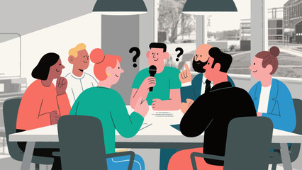 A group of diverse people in a meeting, discussing ideas around a table.