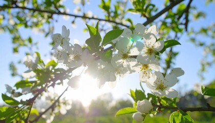 Sun Shine Through White Flowers On Branches. Spring Season. Tree Blossom Natural Background In Broad Daylight With Sun Highlight Though Branches	
