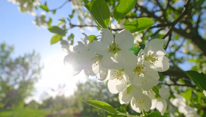 Fototapeta premium Sun Shine Through White Flowers On Branches. Spring Season. Tree Blossom Natural Background In Broad Daylight With Sun Highlight Though Branches 