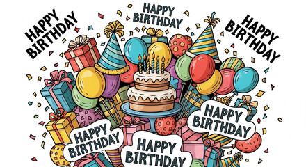 Obraz premium A vibrant birthday celebration illustration with cake, balloons, and gifts.