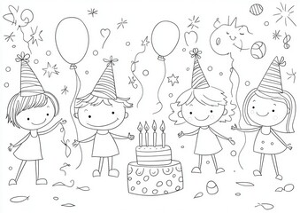 Happy kids at a birthday party coloring book illustration, featuring children wearing party hats, blowing candles on a cake, and playing with balloons, joyful and fun, 