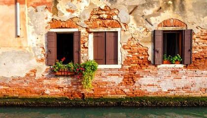 A weathered brick canal-side building with dark brown shutters and colorful flowers adorns the scene.