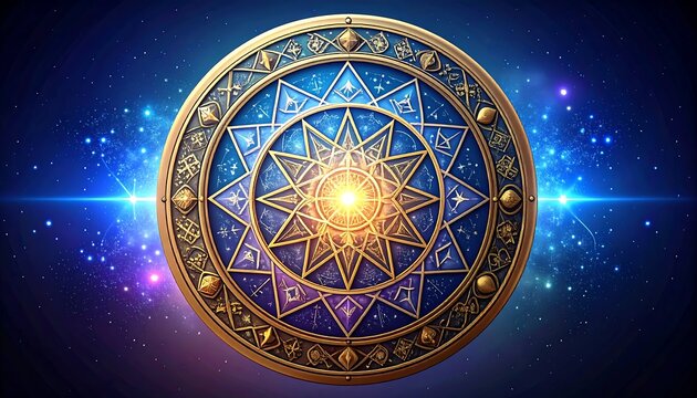 A magnificent, intricate round design with golden, ornate details, set against a starry cosmic backdrop of blues and purples.