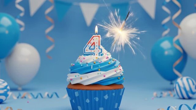 Festive fourth birthday cupcake with a candle and sparkler display