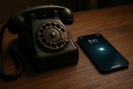 Old rotary phone next to modern smartphone technology communication comparison evolution vintage antique device